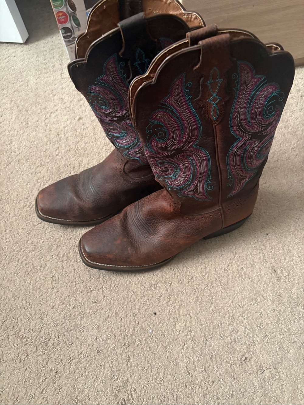 Ladies Justin Boots Brown Leather Western Boots with Teal and Pink Stitching
